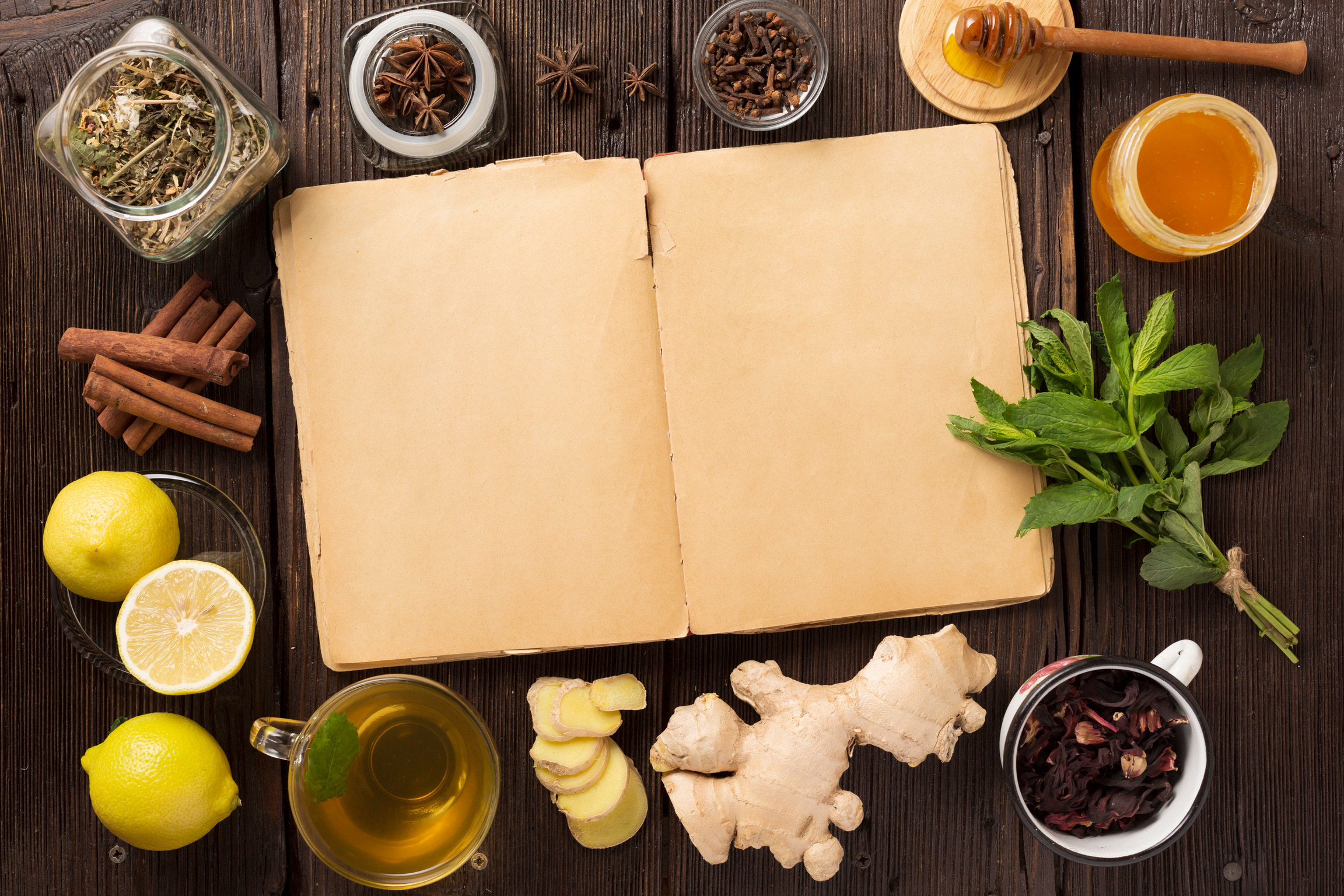 Traditional medicine, old recipes for traditional medicine. Traditional chinese herbs used in alternative herbal medicine, top view